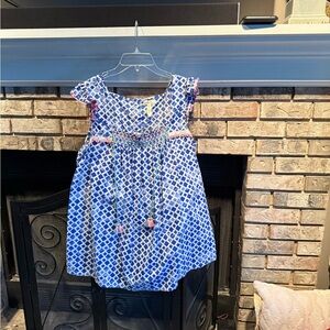 Matilda Jane flutter sleeve print smock top with tassels, blue multi, Large, EUC